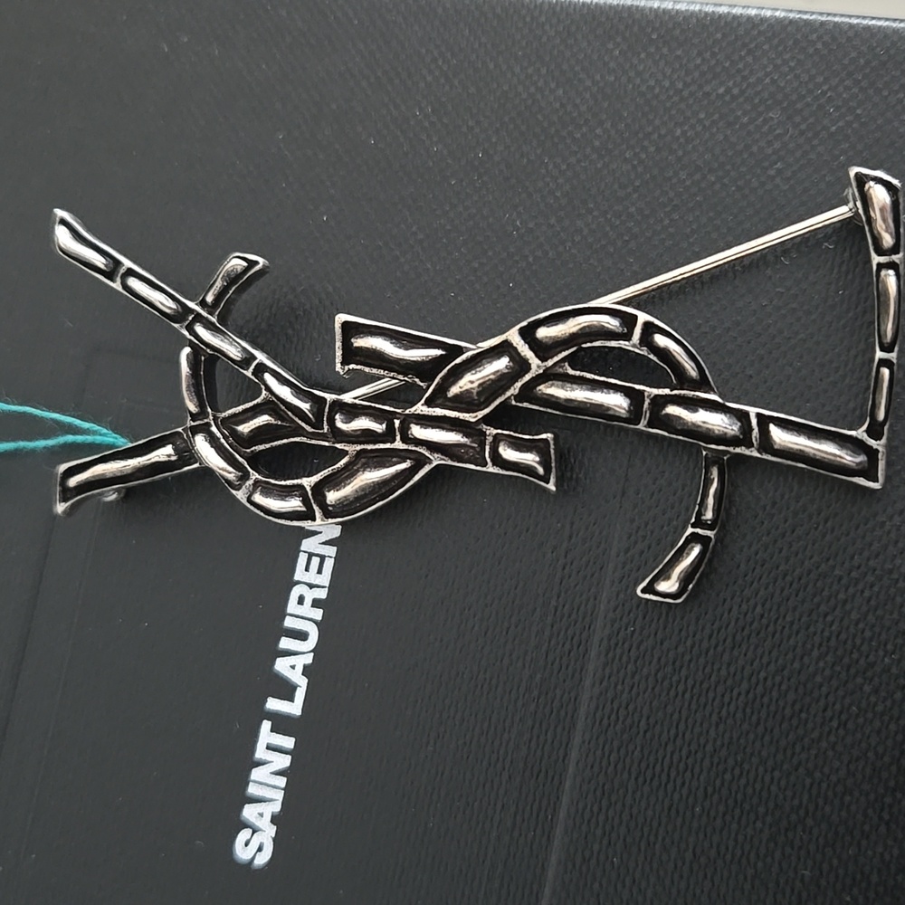 New With Box SAINT LAURENT Brooch Pin Silver & Black YSL Pin Logo & Pouch/box